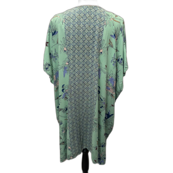Angie Open Front Duster Kimono Mint Green Mixed Prints Bohemian Flowy One Size - Picture 3 of 4